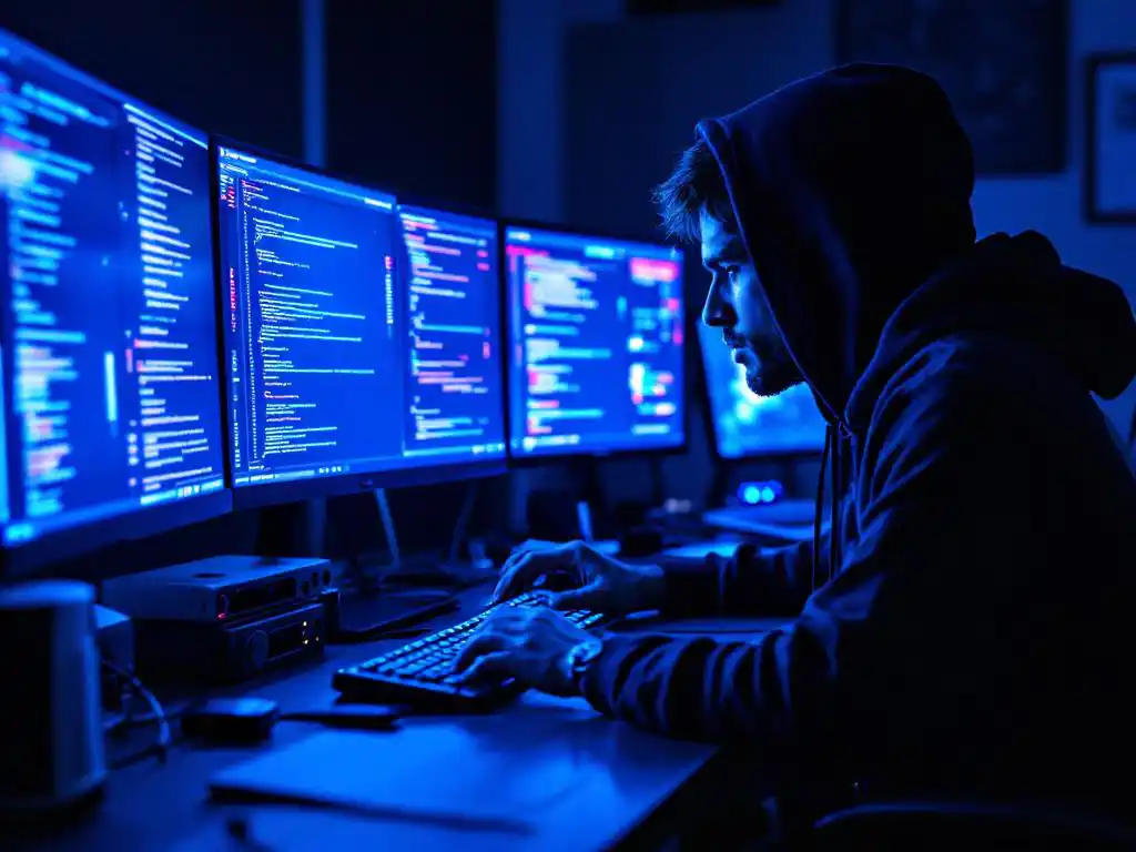 Cybersecurity professional in zwarte hoodie werkt aan meerdere monitoren met code en netwerkdiagrammen op moderne werkplek