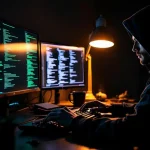Cybersecurity professional in donkere hoodie aan werkstation met meerdere monitoren vol groene code en witte hoed op bureau
