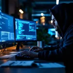 Cybersecurity professional aan werkstation met meerdere monitoren, code en netwerk diagrammen, certificaten op bureau