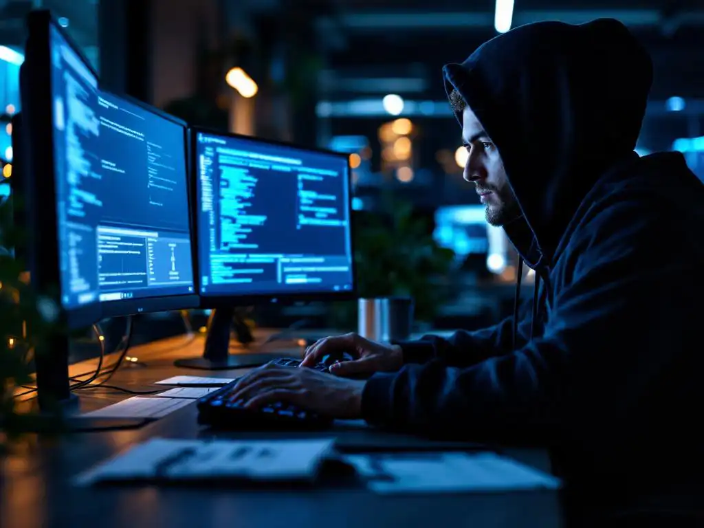 Cybersecurity professional aan werkstation met meerdere monitoren, code en netwerk diagrammen, certificaten op bureau