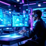Cybersecurity professional met headset aan futuristisch werkstation met holografische schermen en AI-testtools