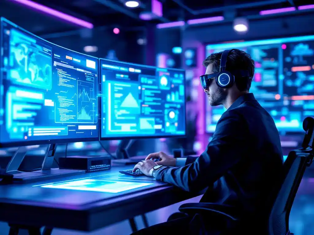 Cybersecurity professional met headset aan futuristisch werkstation met holografische schermen en AI-testtools