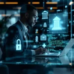 Cybersecurityprofessional in pak werkt aan laptop met code in modern kantoor met industrie symbolen op achtergrond