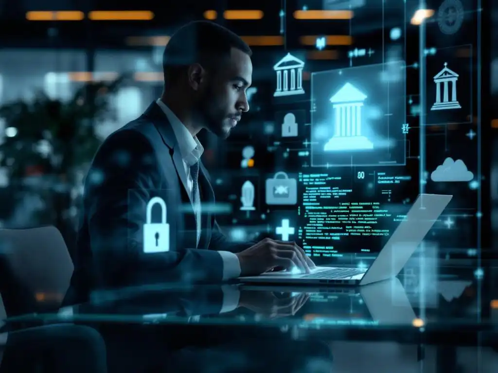 Cybersecurityprofessional in pak werkt aan laptop met code in modern kantoor met industrie symbolen op achtergrond