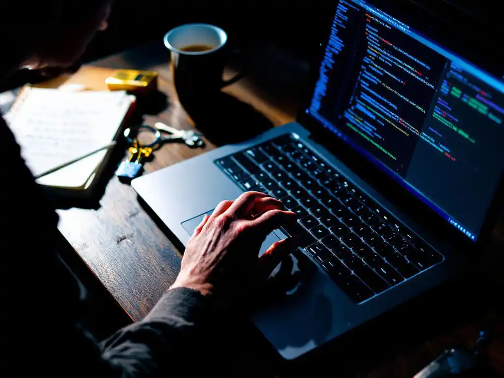 Handen van cybersecurity professional typen op laptop toetsenbord met code op scherm, slot en sleutel op bureau