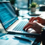 Cybersecurity professional typt op laptop toetsenbord met compliance documenten en certificaten op glazen bureau
