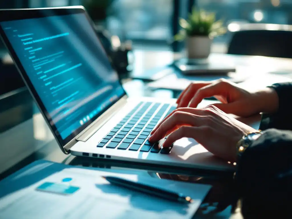 Cybersecurity professional typt op laptop toetsenbord met compliance documenten en certificaten op glazen bureau