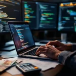 Cybersecurity professional typt op laptop met beveiligingsdashboards op monitoren, euro bankbiljetten en documenten op bureau