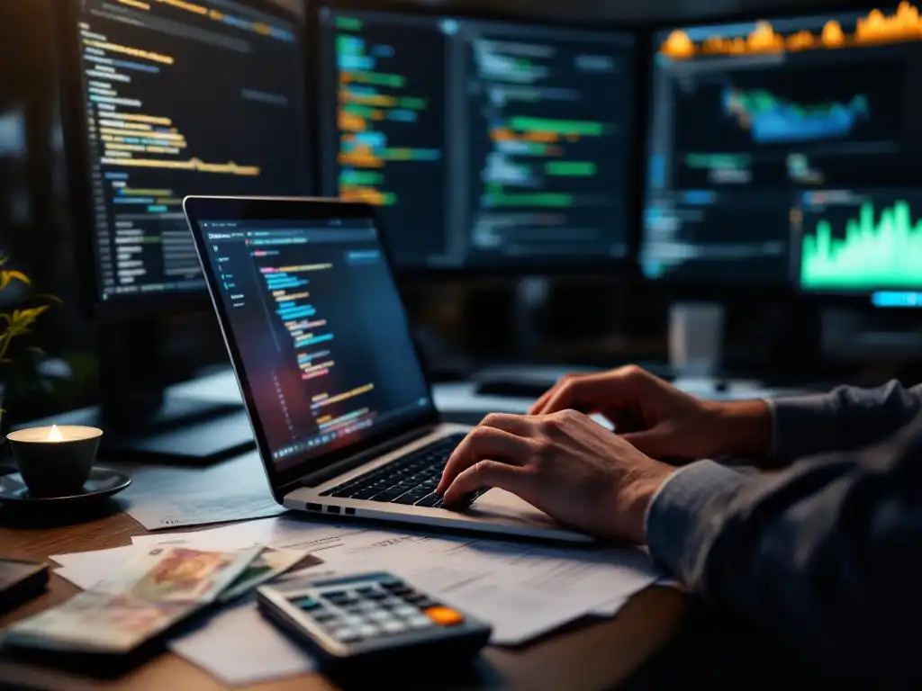 Cybersecurity professional typt op laptop met beveiligingsdashboards op monitoren, euro bankbiljetten en documenten op bureau