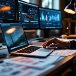 Cybersecurity professional aan het typen op laptop met netwerkdiagrammen op meerdere monitoren en technische documenten