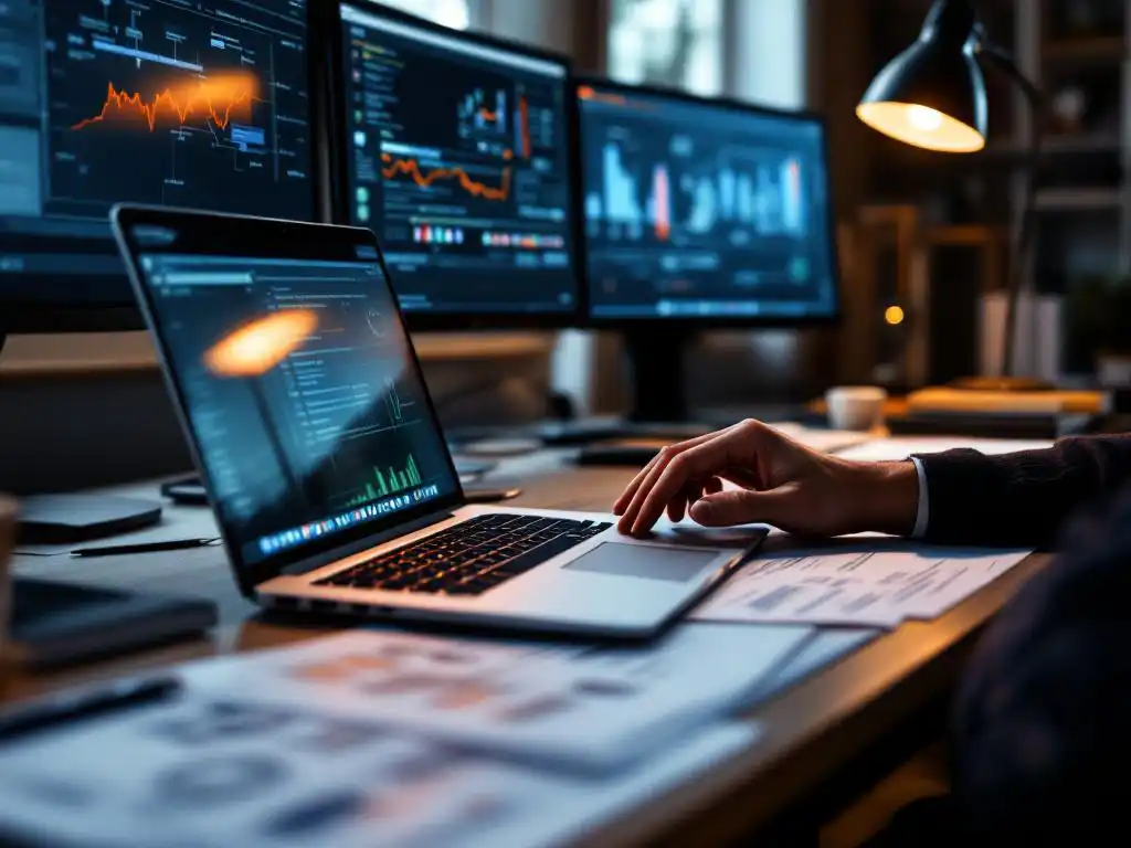 Cybersecurity professional aan het typen op laptop met netwerkdiagrammen op meerdere monitoren en technische documenten