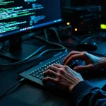 Cybersecurity professional typt op laptop toetsenbord met netwerkapparatuur en groene code op monitor op achtergrond