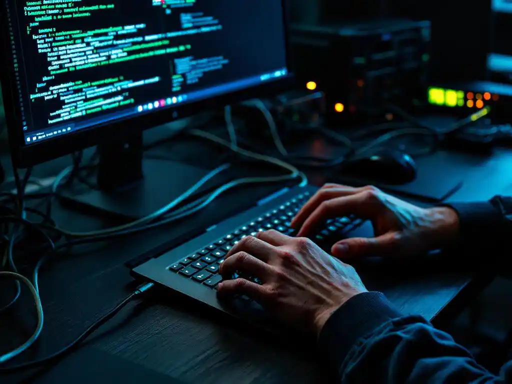 Cybersecurity professional typt op laptop toetsenbord met netwerkapparatuur en groene code op monitor op achtergrond