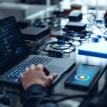 Cybersecurity professional typt op laptop toetsenbord met netwerkapparatuur en smartphone op glazen bureau