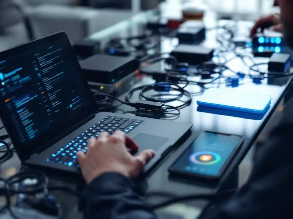 Cybersecurity professional typt op laptop toetsenbord met netwerkapparatuur en smartphone op glazen bureau