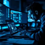 Cybersecurity professional werkt aan laptop met netwerkdiagrammen, omgeven door meerdere monitoren met code en data