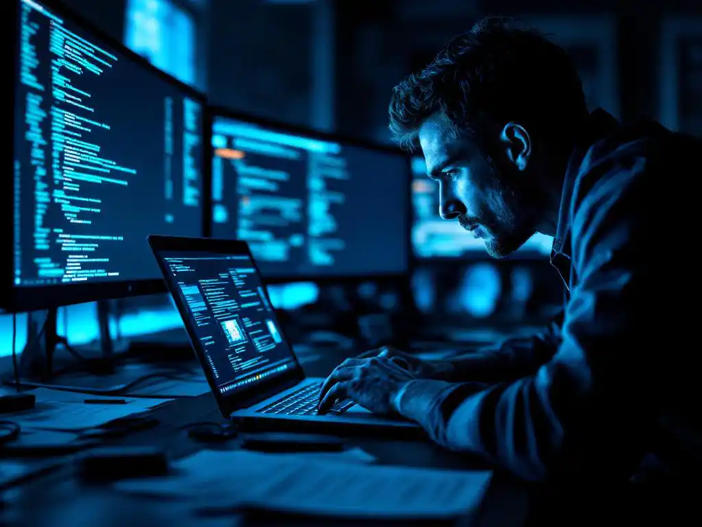 Cybersecurity professional werkt aan laptop met netwerkdiagrammen, omgeven door meerdere monitoren met code en data