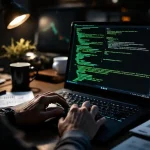 Cybersecurity professional typt op laptop met groene code op scherm, penetratietesttools op donkere houten bureau