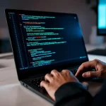 Cybersecurity professional typt code op laptop met groene tekst en rode waarschuwing op scherm in modern kantoor