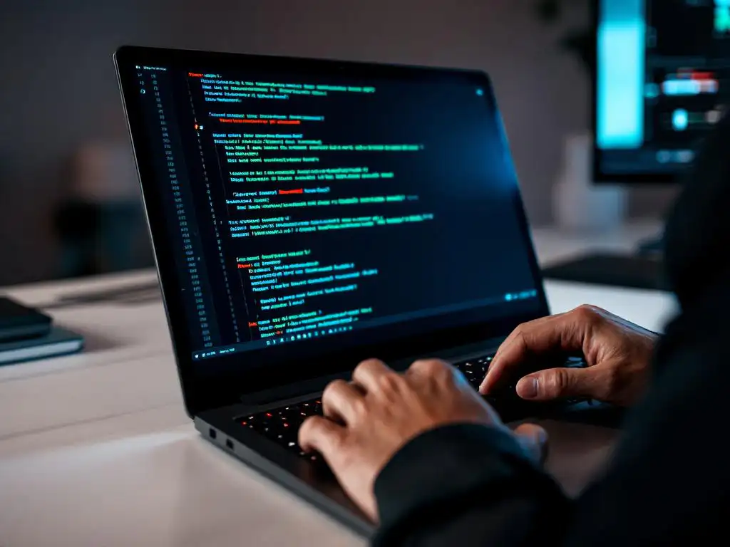 Cybersecurity professional typt code op laptop met groene tekst en rode waarschuwing op scherm in modern kantoor