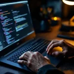 Cybersecurity professional typt op laptop met OWASP-sticker, penetratietesttools zichtbaar op scherm in modern kantoor