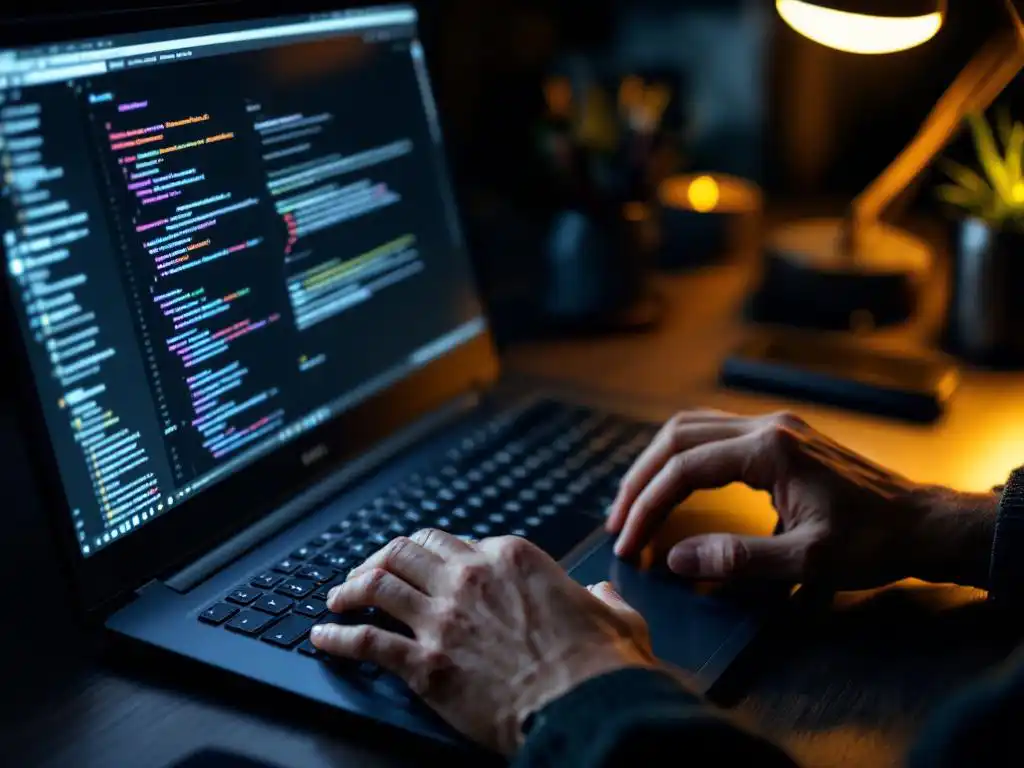 Cybersecurity professional typt op laptop met OWASP-sticker, penetratietesttools zichtbaar op scherm in modern kantoor