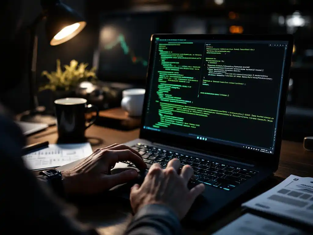 Cybersecurity professional typt op laptop met groene code op scherm, penetratietesttools op donkere houten bureau