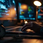 Cybersecurity professional typt op laptop met stopwatch op bureau, meerdere monitors tonen beveiligingscode op achtergrond