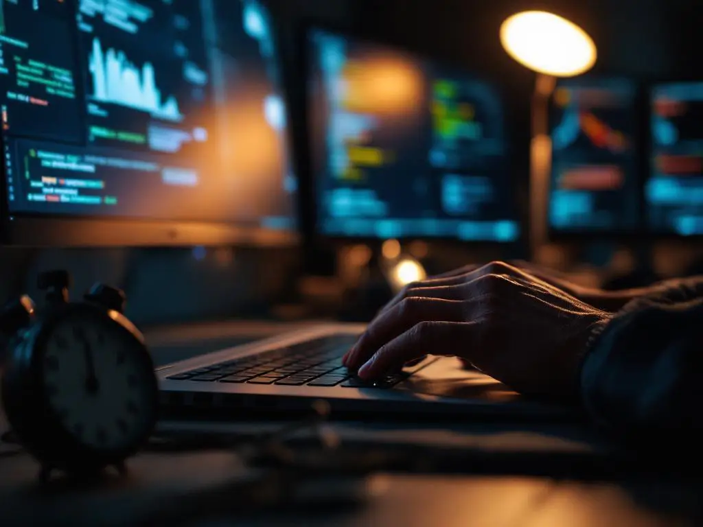 Cybersecurity professional typt op laptop met stopwatch op bureau, meerdere monitors tonen beveiligingscode op achtergrond