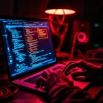 Cybersecurity professional werkt aan laptop met waarschuwingssymbolen op scherm, rode noodverlichting op gezicht