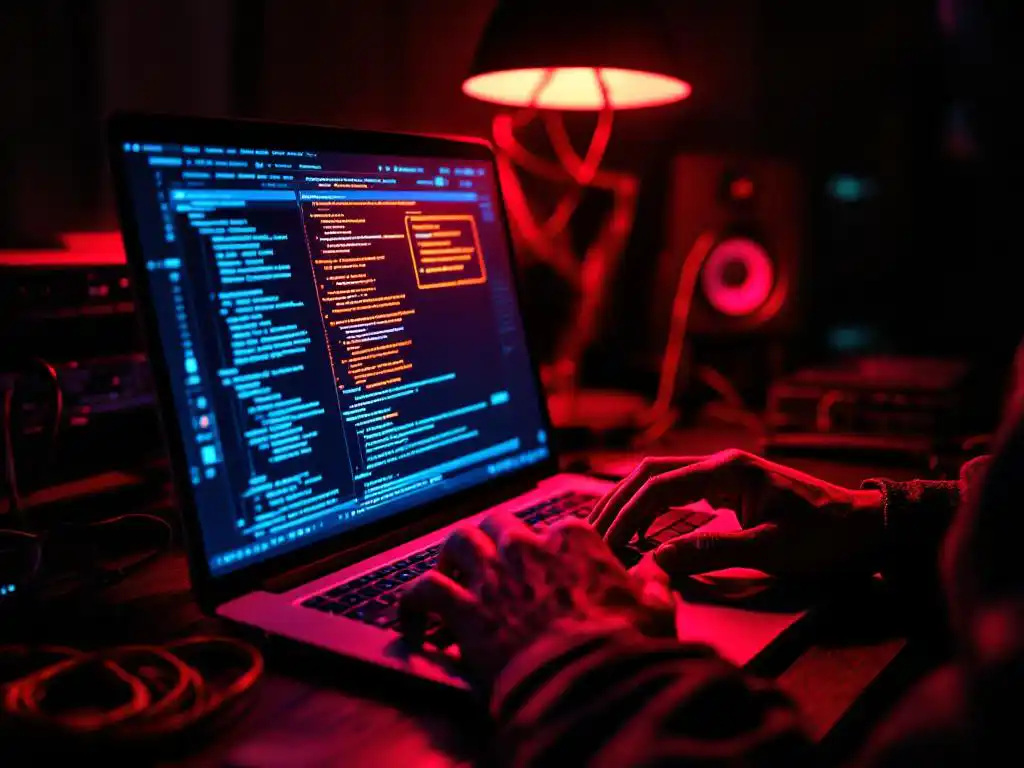 Cybersecurity professional werkt aan laptop met waarschuwingssymbolen op scherm, rode noodverlichting op gezicht