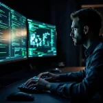 Cybersecurity professional werkt gefocust aan bureau met meerdere monitoren vol code en netwerkdiagrammen