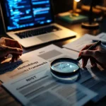 Cybersecurity professional bestudeert OWASP en NIST frameworks op bureau met laptop die kwetsbaarheidscans toont