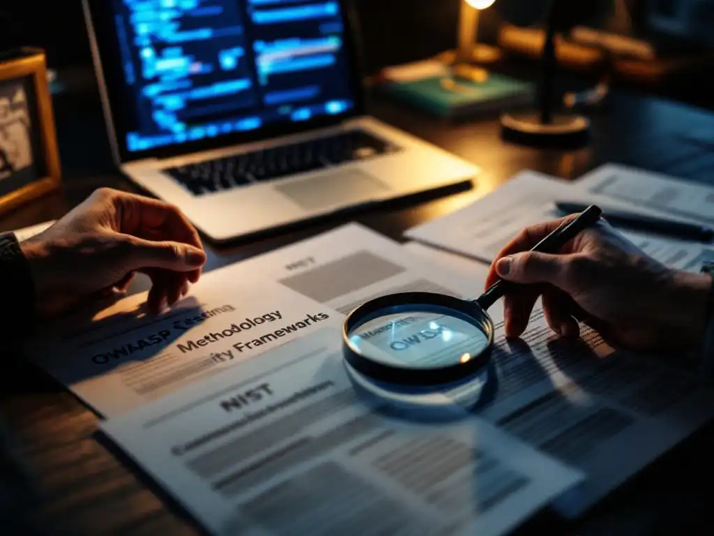 Cybersecurity professional bestudeert OWASP en NIST frameworks op bureau met laptop die kwetsbaarheidscans toont
