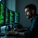 Cybersecurity professional werkt aan computer met groene code en netwerkdiagrammen op meerdere monitors in modern kantoor