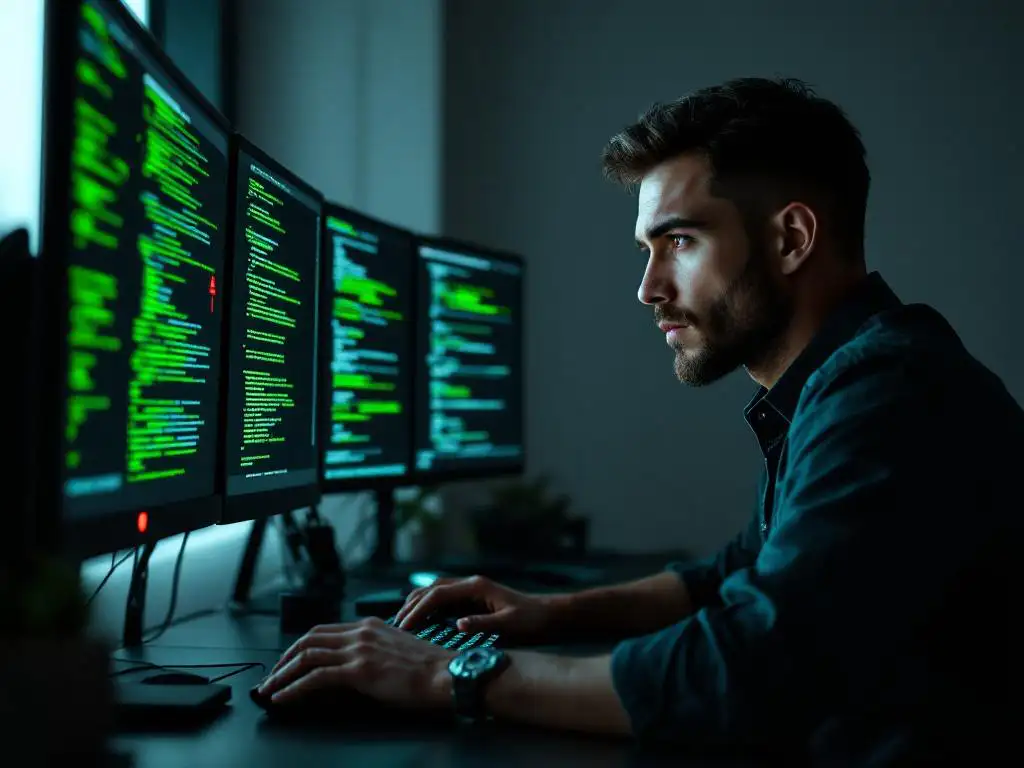 Cybersecurity professional werkt aan computer met groene code en netwerkdiagrammen op meerdere monitors in modern kantoor