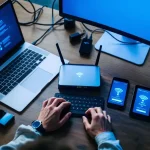 Cybersecurity professional typt op laptop naast draadloze router met LED-indicatoren en mobiele apparaten op bureau