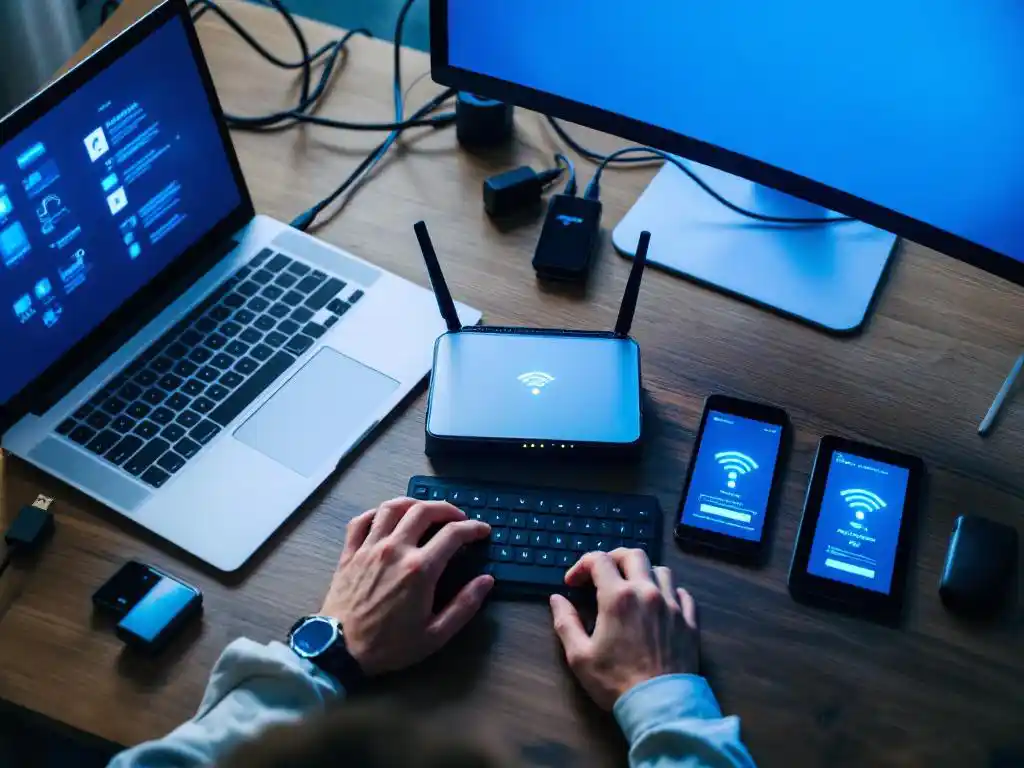 Cybersecurity professional typt op laptop naast draadloze router met LED-indicatoren en mobiele apparaten op bureau