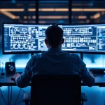 Cybersecurity professional analyseert netwerkdiagrammen op twee monitoren met beveiligingstools op bureau