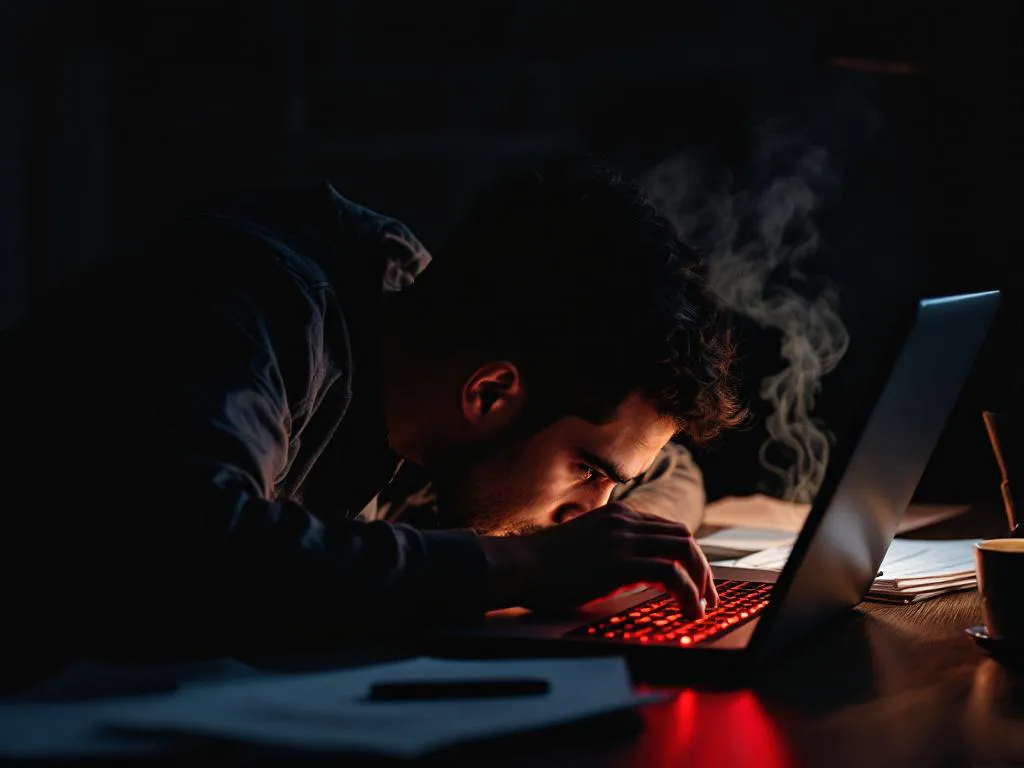 Cybersecurity professional werkt geconcentreerd aan penetratietests op laptop met beveiligingsrapporten op bureau