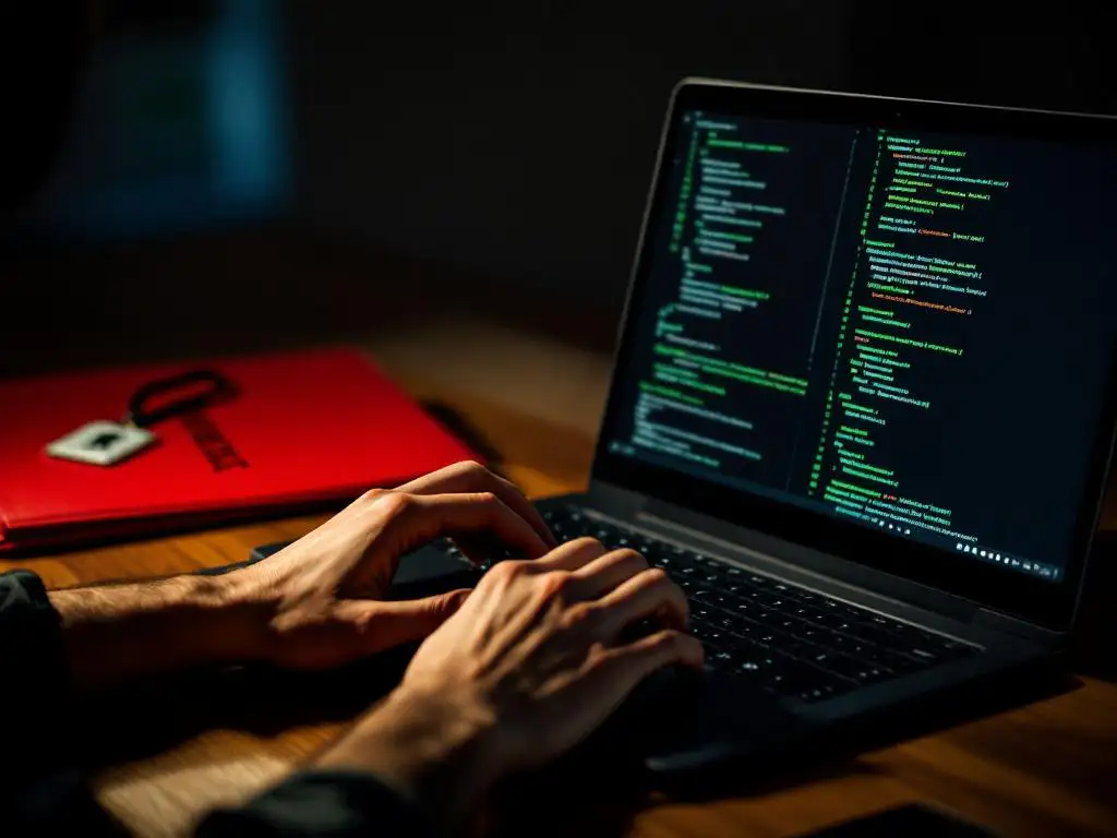 Cybersecurity professional typt code op laptop met penetratietest documenten op bureau, dramatische belichting