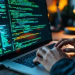 Cybersecurity professional typt penetratietestcode op laptop met groene code op scherm in moderne kantooromgeving