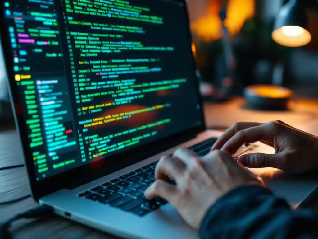 Cybersecurity professional typt penetratietestcode op laptop met groene code op scherm in moderne kantooromgeving