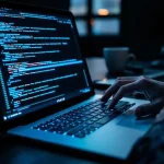 Cybersecurity professional typt penetratietestcode op laptop met AI-visualisatie op scherm in modern kantoor