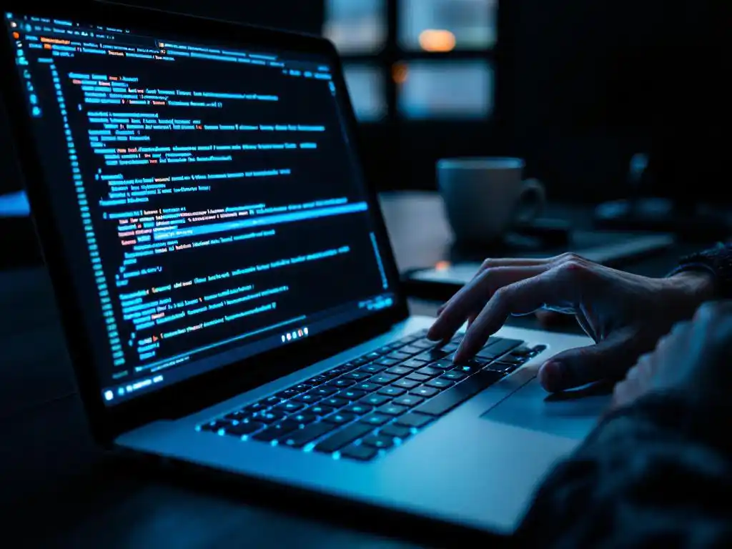 Cybersecurity professional typt penetratietestcode op laptop met AI-visualisatie op scherm in modern kantoor