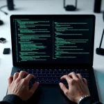 Cybersecurity professional typt penetratietestcode op laptop met draadloze testapparatuur op wit bureau