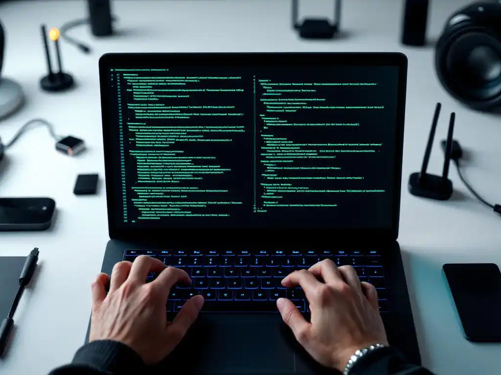 Cybersecurity professional typt penetratietestcode op laptop met draadloze testapparatuur op wit bureau