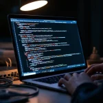 Cybersecurity professional typt penetratietestcode op laptop naast netwerkrouter met ethernetkabels op bureau