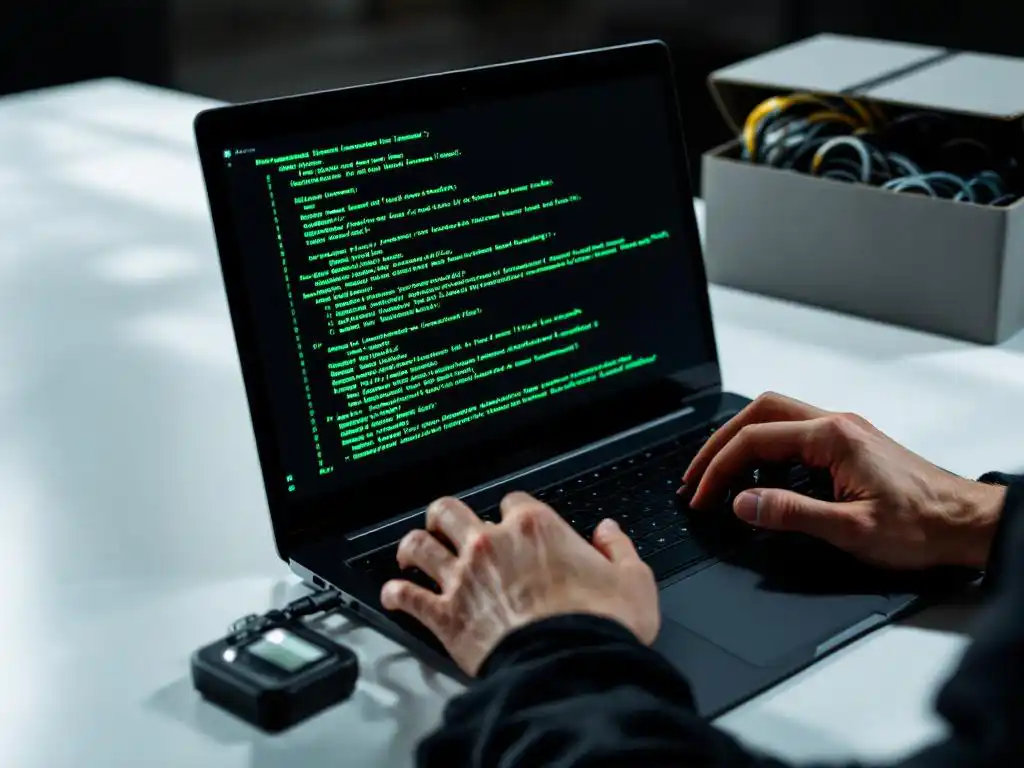 Cybersecurity professional typt penetratietestcode op laptop naast geopende doos met netwerkkabels en beveiligingstools