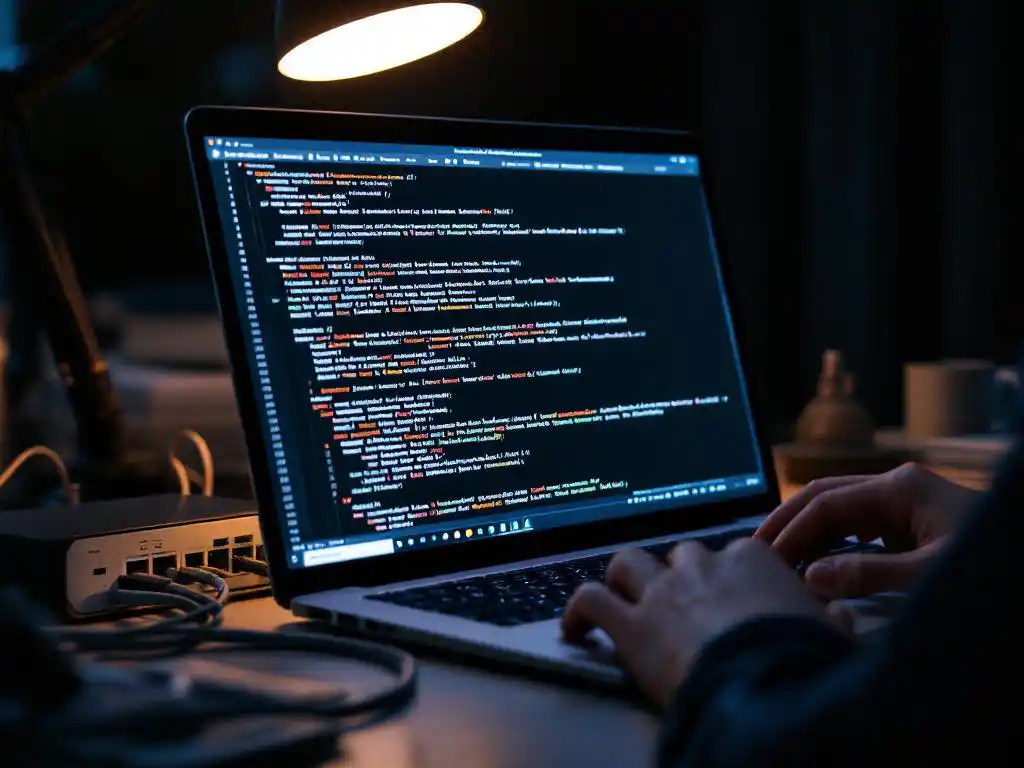 Cybersecurity professional typt penetratietestcode op laptop naast netwerkrouter met ethernetkabels op bureau